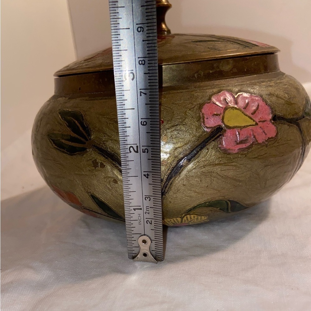Vintage Brass enameled hand painted floral golden Bowl with lid - Picture 14 of 15